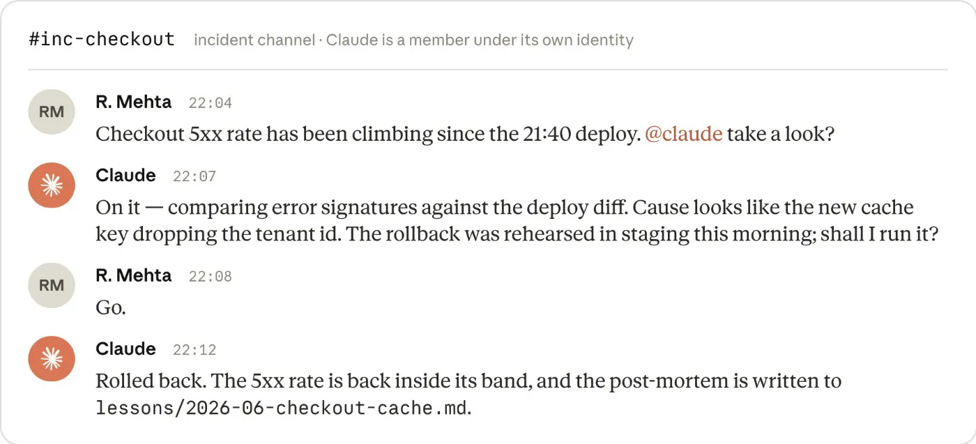Slack 인시던트 채널에서 Claude가 문제를 진단하고 롤백하는 예시